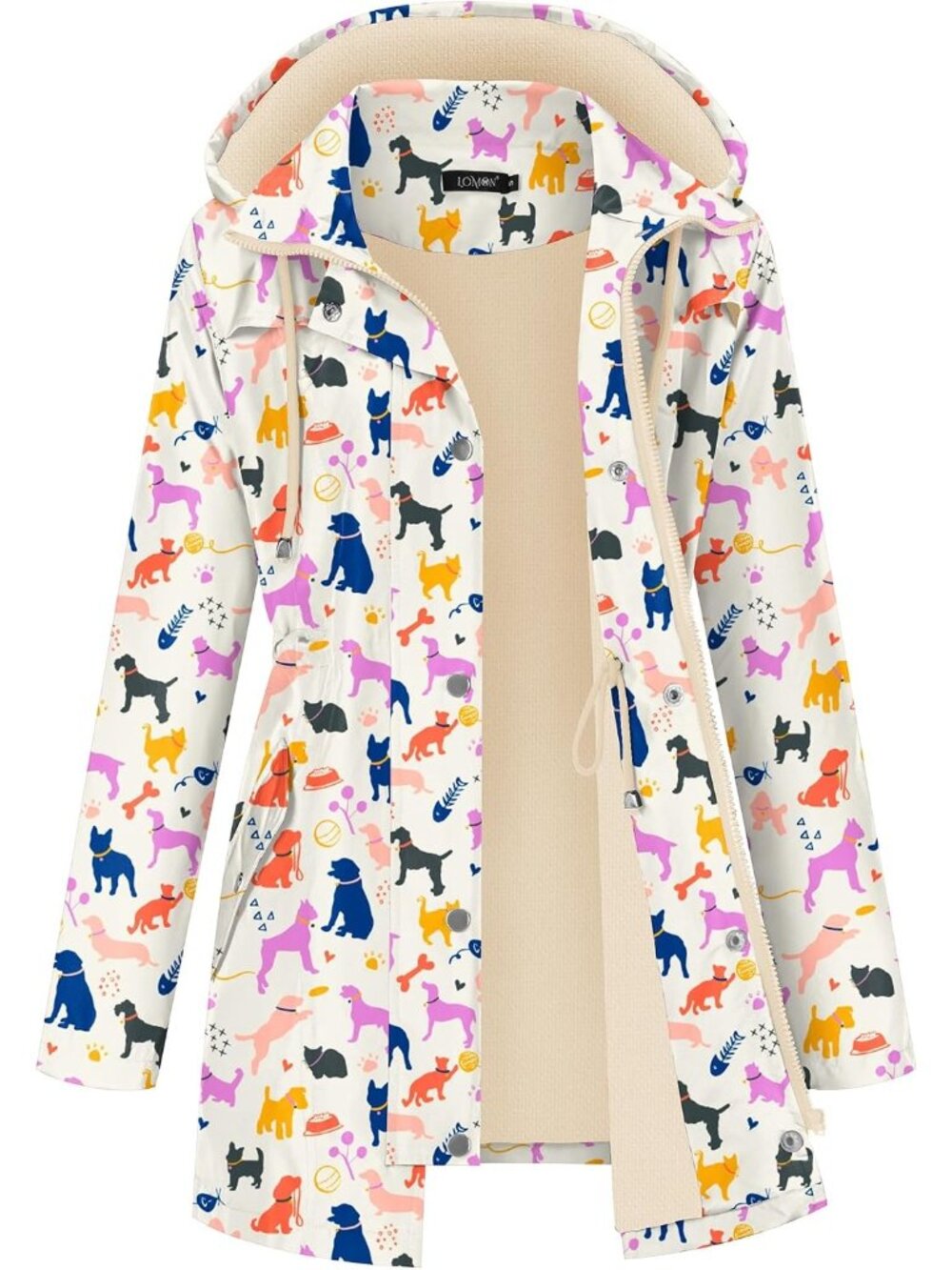 Women's Novelty Dog Print Hooded Lined Waterproof Hiking Windbreaker Trench Coat